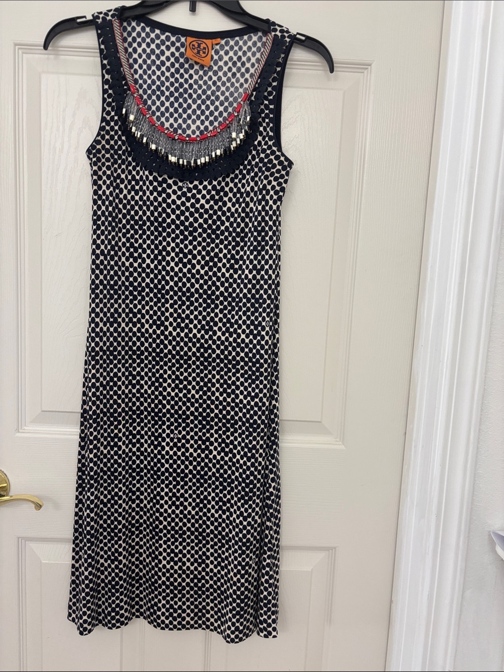 Tory Burch Black and White Sleeveless Beaded-Neck Shift Dress